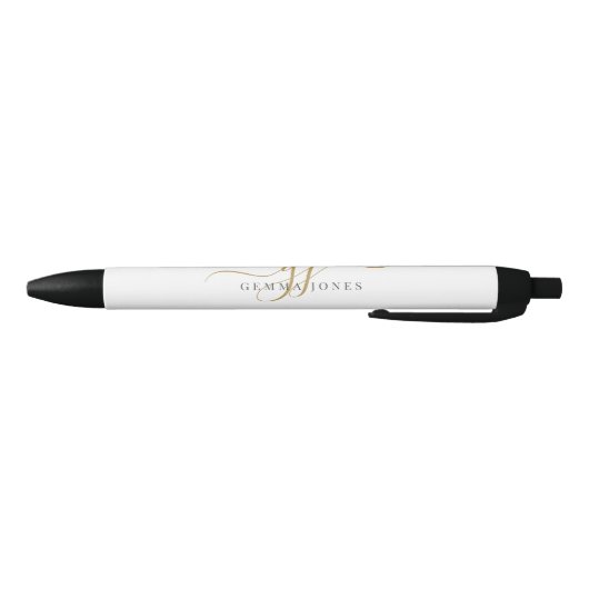 Stylo Noir Moderne Monogramme Initiale Or Noir Nom Script (Bas)