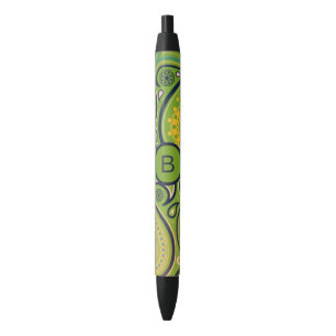 Stylo Noir Monogramme à motif cachemire vert orné