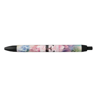 Stylo Noir Monogramme aquarelle florale hortensia rose