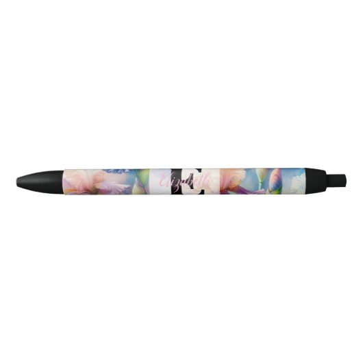 Stylo Noir Monogramme aquarelle florale iris fleurs violettes (Devant)
