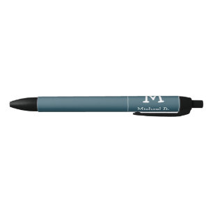 Stylo Noir Monogramme blanc et nom sur Carré arrondi bleu