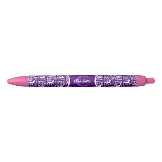 Stylo Noir Monogramme Cheval équitation mignonne fille violet (Devant)