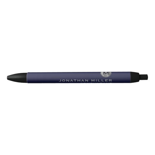 Stylo Noir Monogramme d'argent bleu de la marine moderne (Devant)