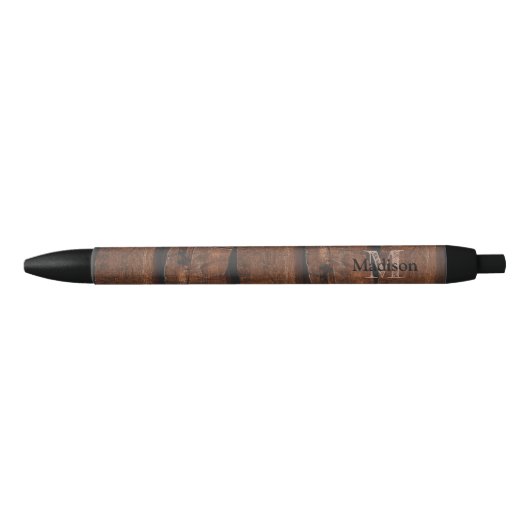 Stylo Noir Monogramme de bois ancien brun foncé rustique (Devant)