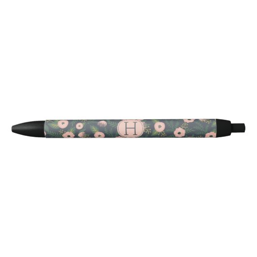 Stylo Noir Monogramme de fleurs de minuit (Devant)