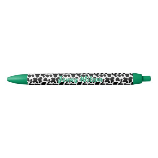 Stylo Noir Monogramme de nom de script à motif de vache noir (Devant)
