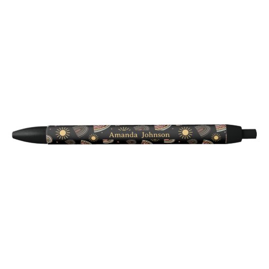 Stylo Noir Monogramme de nom de script de soleil arc-en-ciel (Devant)