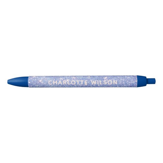 Stylo Noir Monogramme de nom de script pailleté bleu élégant (Devant)