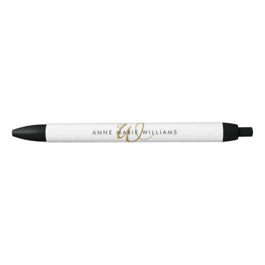 Stylo Noir Monogramme de script en or blanc moderne (Devant)