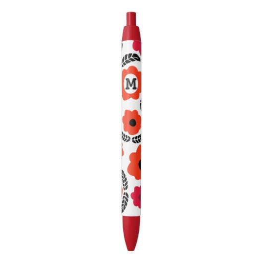Stylo Noir Monogramme floral orange et rouge moderne (devant Vertical)