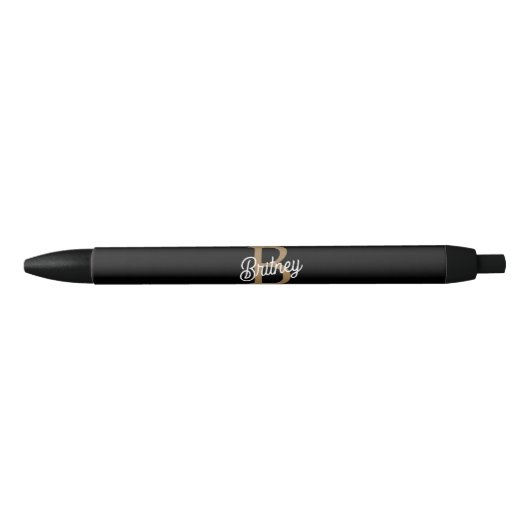 Stylo Noir Monogramme moderne élégant Nom Black Gold Script (Devant)