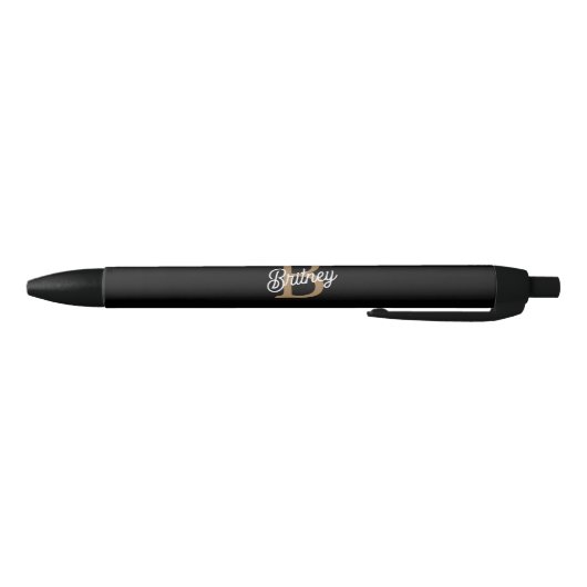 Stylo Noir Monogramme moderne élégant Nom Black Gold Script (Bas)