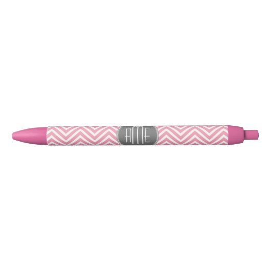 Stylo Noir Monogramme Motif Pastel Pink et Grey Chevron (Devant)