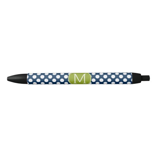 Stylo Noir Monogramme personnalisé Pois bleu marine et vert c (Devant)