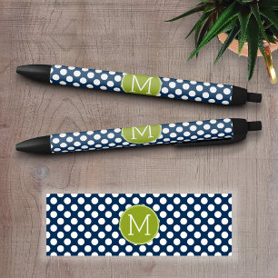Stylo Noir Monogramme personnalisé Pois bleu marine et vert c