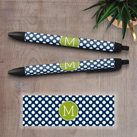 Stylo Noir Monogramme personnalisé Pois bleu marine et vert c