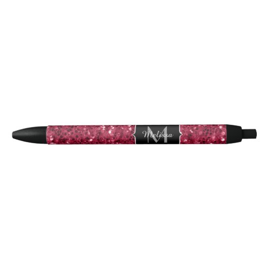 Stylo Noir Monogramme rose foncé magenta faux scintillants (Devant)