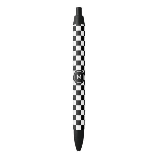 Stylo Noir Monogramme sur Motif d'échecs noir et blanc (devant Vertical)