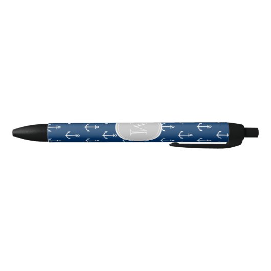 Stylo Noir Motif blanc d'Ancres de bleu marine, monogramme (Bas)