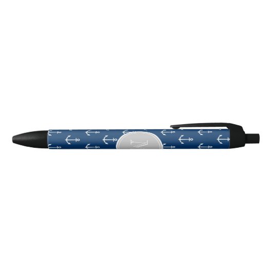 Stylo Noir Motif blanc d'Ancres de bleu marine, monogramme (Haut)