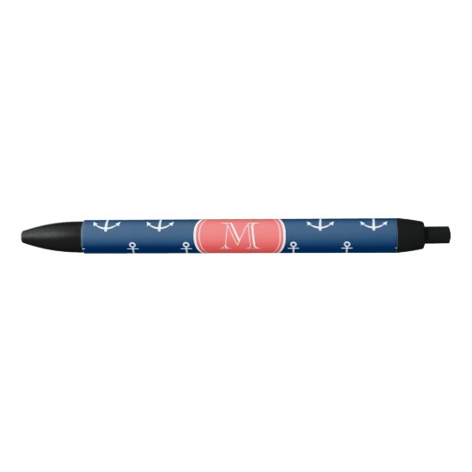 Stylo Noir Motif blanc d'Ancres de bleu marine, monogramme de (Devant)