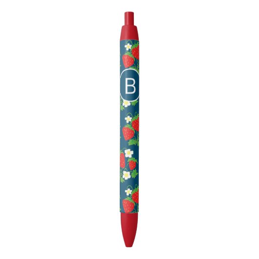 Stylo Noir Motif bleu fraise et fleur Monogramme (devant Vertical)