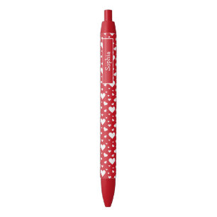 Stylo Noir Motif Coeur Blanc En Rouge Avec Nom Personnalisé