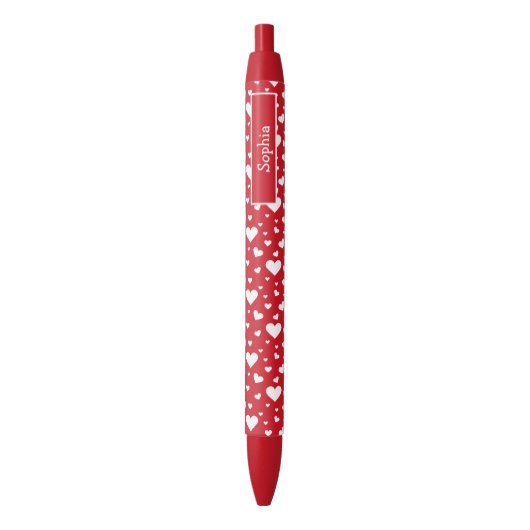 Stylo Noir Motif Coeur Blanc En Rouge Avec Nom Personnalisé (devant Vertical)