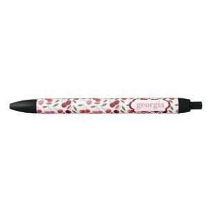 Stylo Noir Motif de cerisier rose doux Monogramme