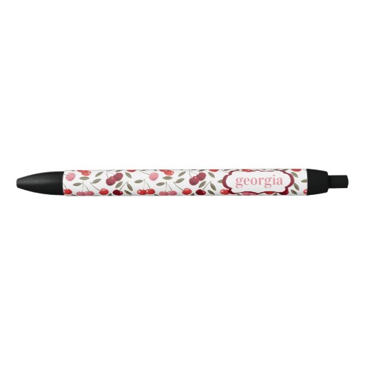 Stylo Noir Motif de cerisier rose doux | Monogramme (Devant)