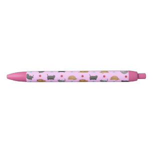 Stylo Noir Motif de chats gras sur rose