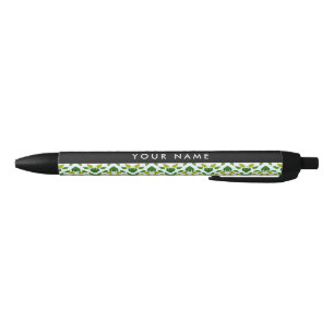 Stylo Noir Motif de feuille, Feuilles vertes, Votre nom