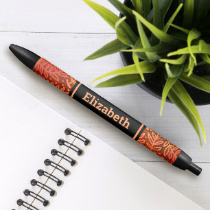 Stylo Noir Motif de feuilles orangées nom personnalisé modern