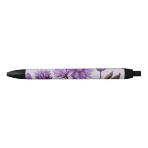 Stylo Noir Motif de fleurs botaniques violettes