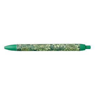 Stylo Noir Motif de fleurs vert Chrysanthemum