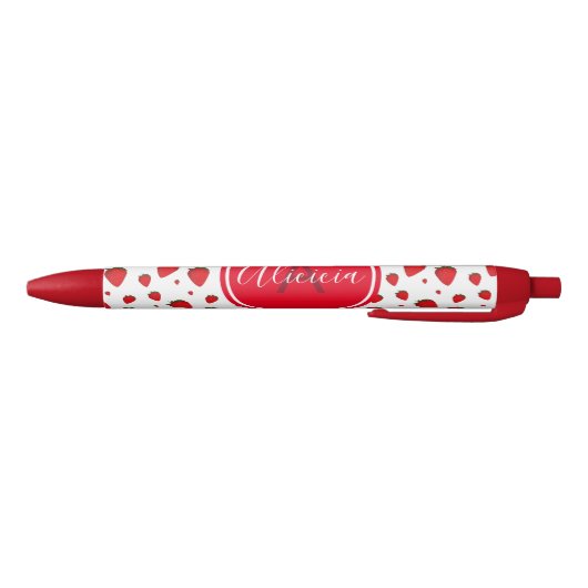 Stylo Noir Motif de fraises Rouge Nom blanc initial (Bas)