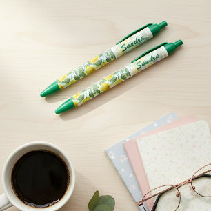 Stylo Noir Motif de fruit de citron d'été méditerranéen perso