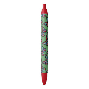 Stylo Noir Motif de papillon coloré assez orné sur fond vert