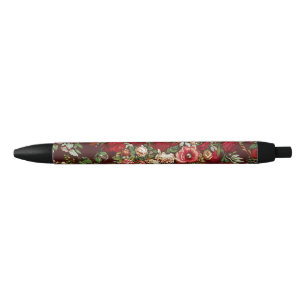 Stylo Noir Motif de ruban floral rose victorien Bourgogne fon