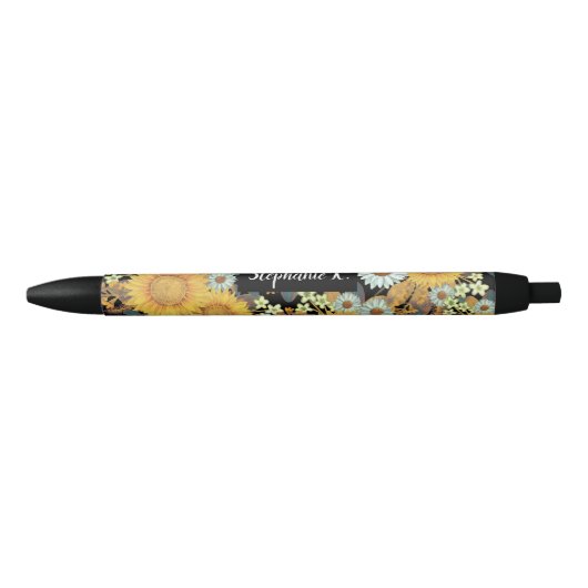 Stylo Noir Motif de tournesol floral Monogramme (Devant)