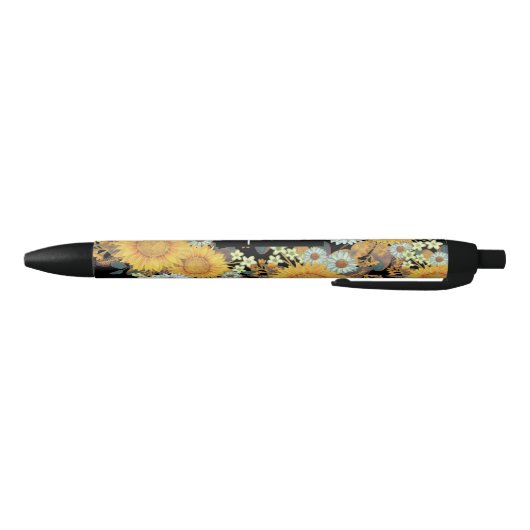 Stylo Noir Motif de tournesol floral Monogramme (Bas)