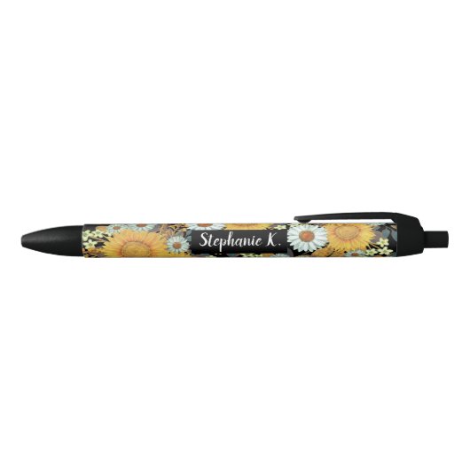 Stylo Noir Motif de tournesol floral Monogramme (Haut)