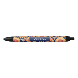 Stylo Noir Motif de tournesol jaune bleu marine Personnalisé