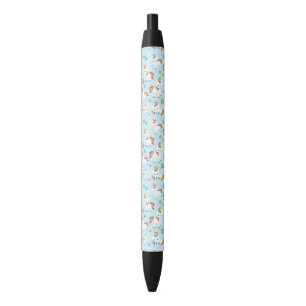 Stylo Noir Motif D'Unicornes, De Mignons Unicornes, Fleurs