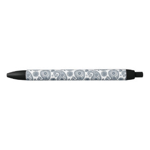 Stylo Noir Motif en cachemire bleu foncé indien sur blanc