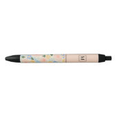 Stylo Noir Motif fleur rose pastel bleu clair Monogramme (Devant)