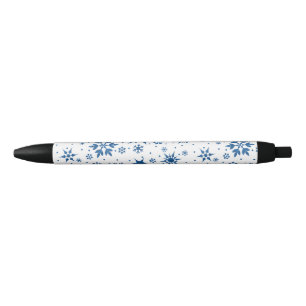 Stylo Noir Motif Flocon de Neige Bleu