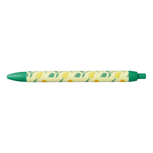 Stylo Noir Motif floral avec rose jaune et fleurs de tulipe (Devant)