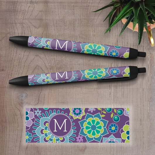 Stylo Noir Motif floral coloré amusant Monogramme personnalis