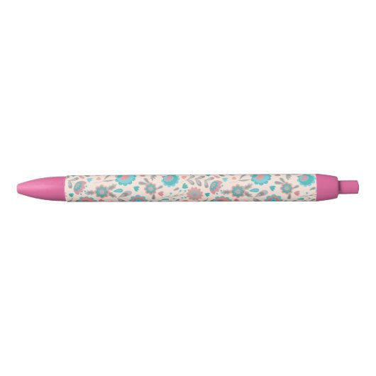 Stylo Noir Motif floral d'art populaire turquoise et de (Devant)